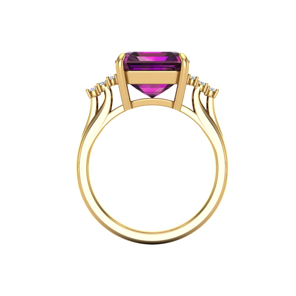 Alexandrite 7.38ct Lab-Grown Emerald Cut Ring with Moissanite Diamonds in 14K Yellow Gold Plating