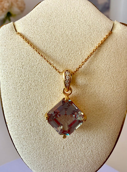 Lab-Grown 8.05ct Alexandrite Asscher Pendant with Moissanites in 14K Yellow Gold Plating on Cable Chain