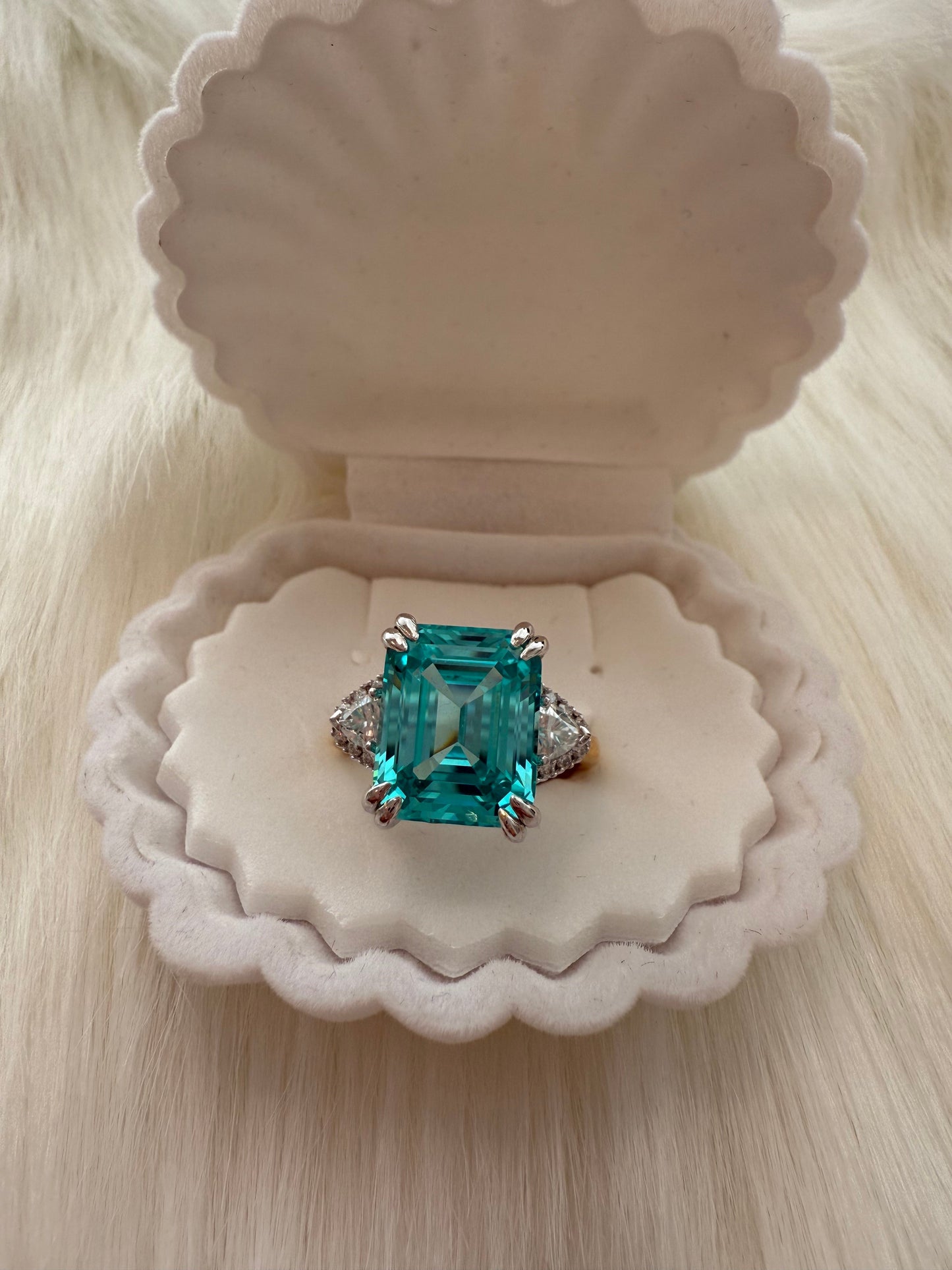 Paraiba Emerald-Cut Ring – 10.26ct with Trillion Moissanite Accents
