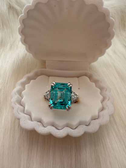 Paraiba Emerald-Cut Ring – 10.26ct with Trillion Moissanite Accents