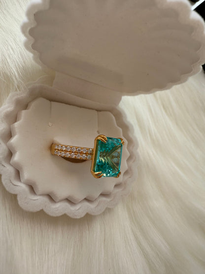 Paraiba Emerald-Cut Ring – 10.16ct with Moissanite &amp; Dual ½ Eternity Band