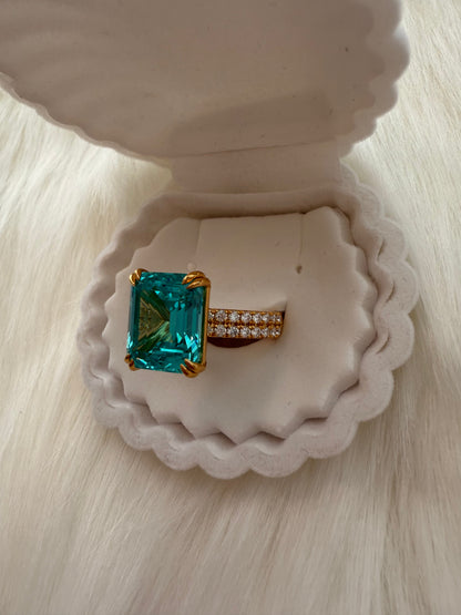 Paraiba Emerald-Cut Ring – 10.16ct with Moissanite &amp; Dual ½ Eternity Band